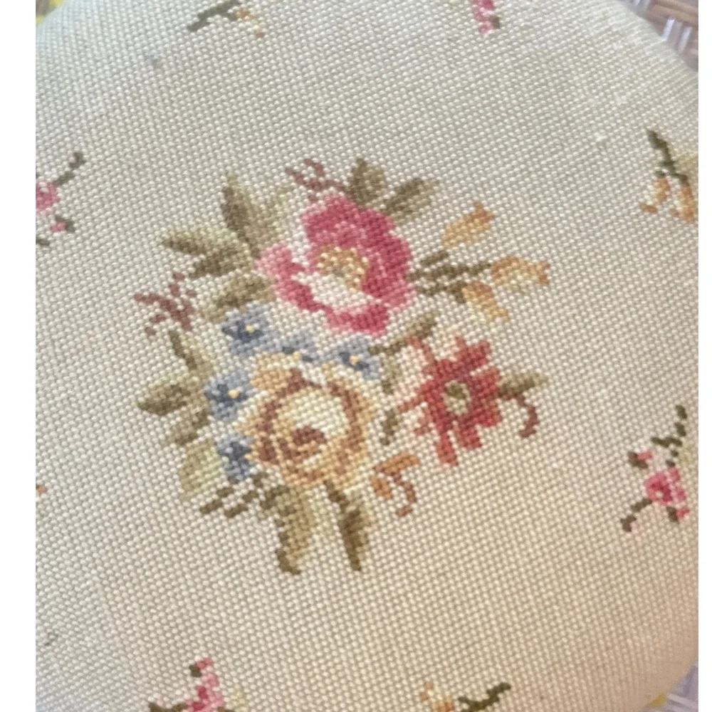 Antique Round Tan Floral Tapestry‎ Needlepoint wood Footstool Stool